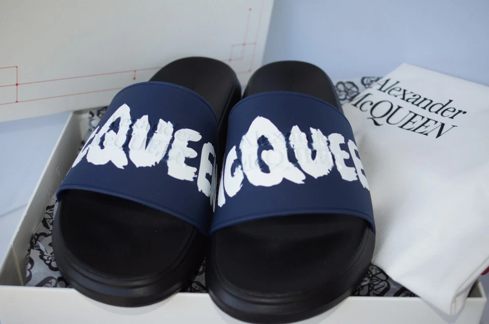 New Alexander Mcqueen Men's Sandals Slide Size 43 Rubber Slider Blue Logo - Image 3 of 4