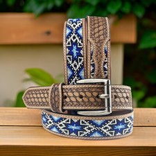Beaded Western Belt Cowboy Rodeo Full Grain Leather Hand Tooled Removable Buckle