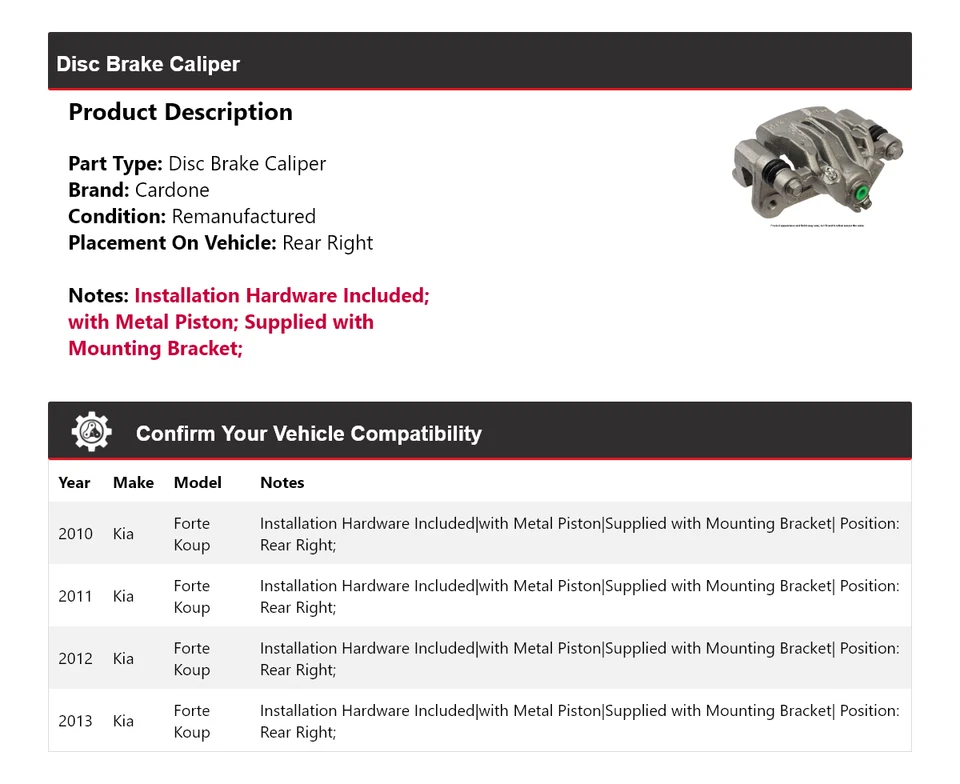 For 2010-2013 Kia Forte Koup Disc Brake Caliper Rear Right Cardone 2011 2012 - Image 2 of 4