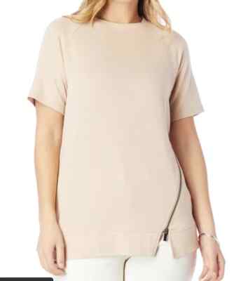 DG2 by Diane Gilman DG Downtime Asymmetric Zip Short Sleeve Top in Taupe Size S