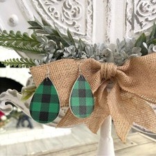 Christmas Faux Leather Teardrop Dangle Earrings Buffalo Plaid