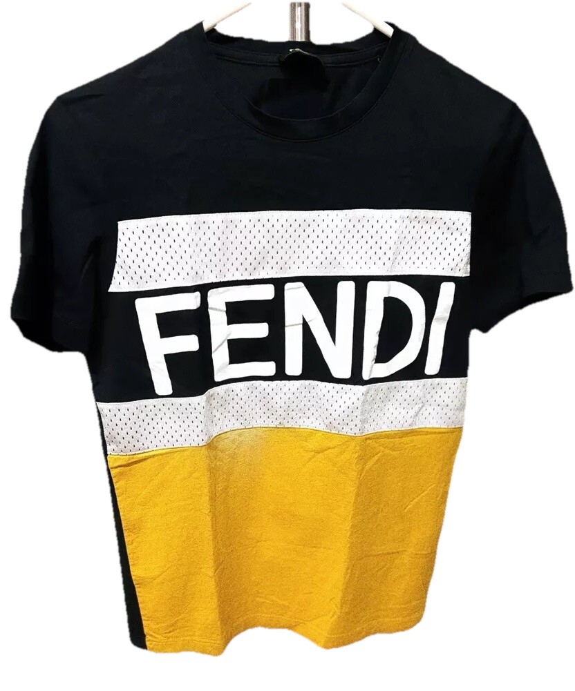 FENDI ITALIA Black Yellow SHORT SLEEVE T SHIRT Mesh Jersey Mens XS unisex Rare