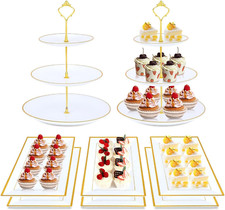 8PCS Cake Stand Set, Plastic Cupcake Stands with Gold Rim, Dessert Display St...