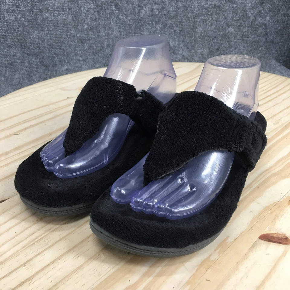 Sandalias Vionic para mujer 6 Forever informales cómodas sin cordones tanga cuña tela negra Foto 3 de 4