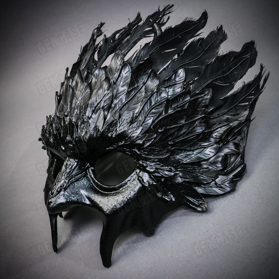 Black Raven Devil Masquerade Face Mask Feathers Gothic Halloween Costume Cosplay - Image 3 of 3