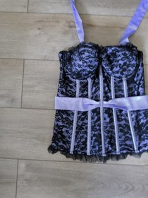 Ann Summers Black & Lilac Satin & Lace Boned Corset Top Size 14