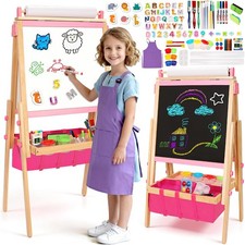 Adjustable Wooden Art Easel for Kids, Double Sided Whiteboard Chalkboard, Art Su