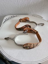 Vintage Western Riding Spurs with Straps Stainless Steel  Camo Leather