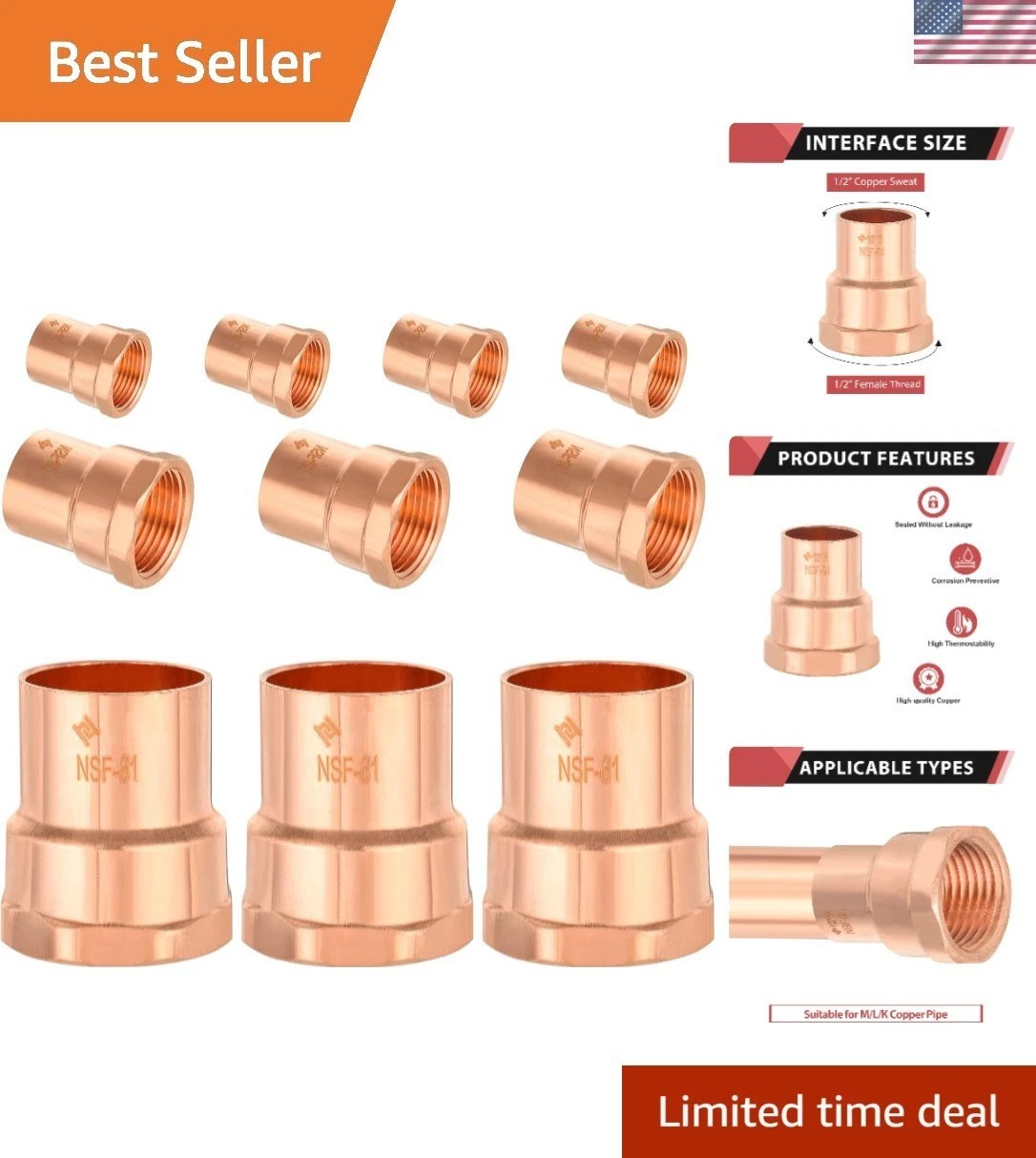 Bulk 10 Pack 1/2" Female Street Adapter - Durable LF Copper Plumbing Solutions