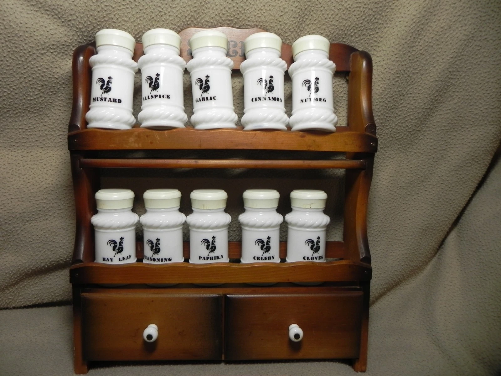 Vintage Wall Hanging Wood Spice Rack w/ 2 Drawers & 10 Milk Glass Jars Rooster K
Opens in a new wind