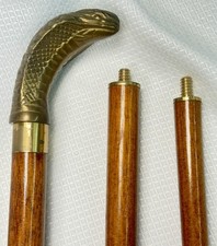 Vintage Brass Cobra Snake Handle 3-Piece Travel Walking Cane Wood Stick 35.5  