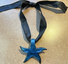 Blue Glass Starfish Pendant Necklace on Black Ribbon. Very beautiful. 2 3/4 .