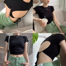 Modern Women's Backless T Shirt in High Waist Design with Short Sleeves