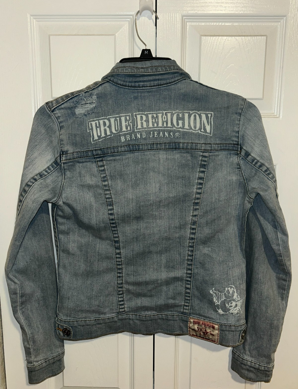 True Religion World Tour Denim Trucker Jacket Womens Large light wash Logo