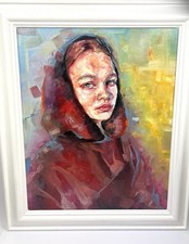 Original Oil Painting On Board Portrait of A Red Hooded Girl Signed Art Modern