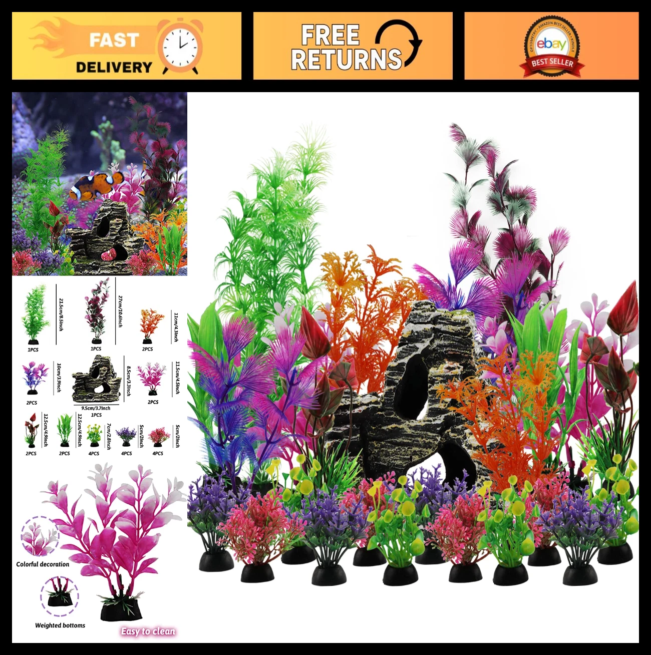 25pcs Aquarium Decor Plants & Rock Cave Hideout - Fish Tank Accessories, Plastic
Opens in a new wind