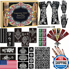 Temporary Tattoos Kit - 12 Sheets, 78 Unique Designs, Large Stencils, 6 Colors