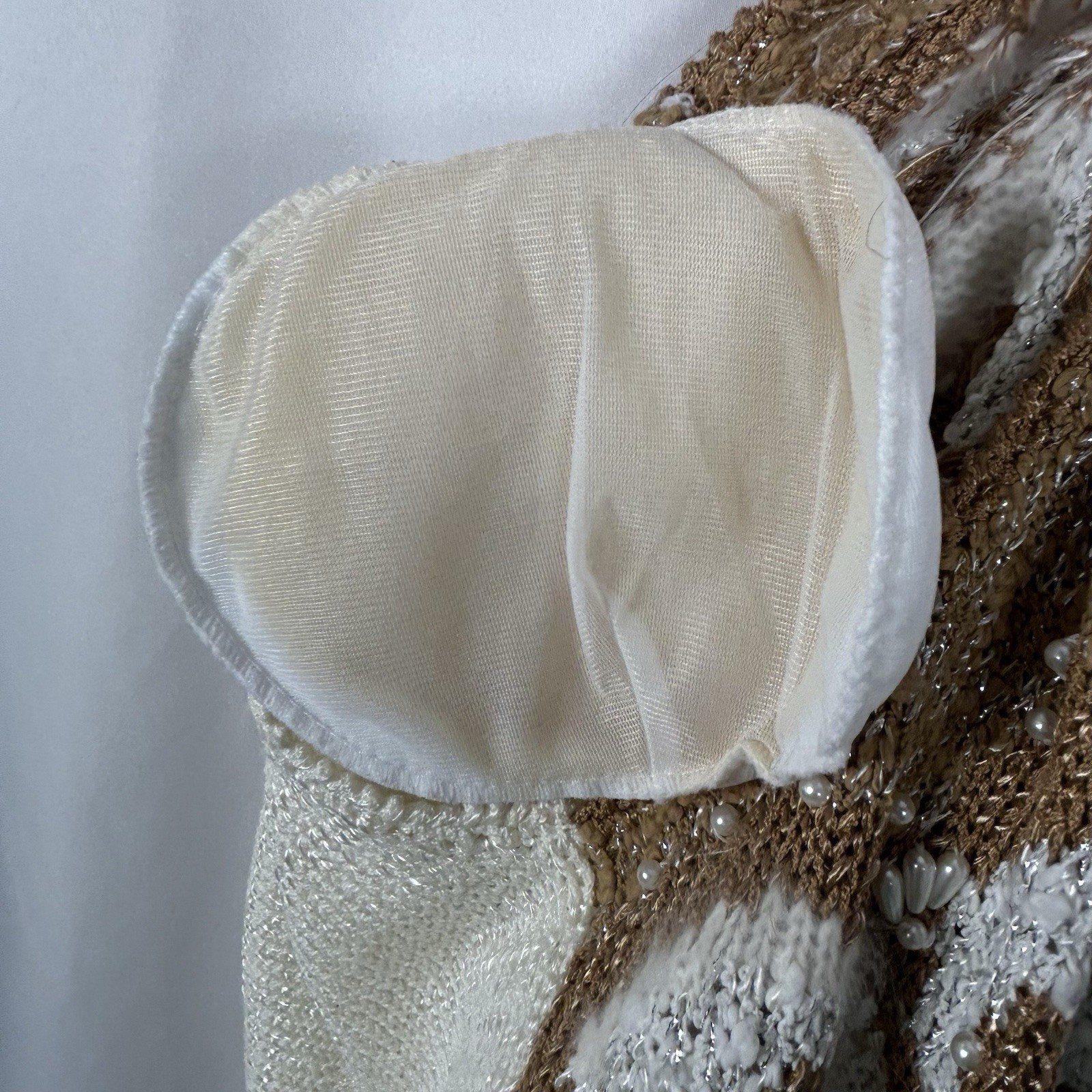 VTG 80s Sideffects Knit Beverly Small Sweater Cream Brown w Beads Shoulder Pads