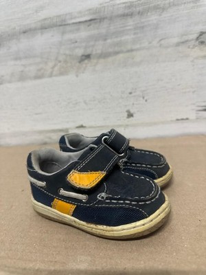 Jumping Jack Boat Shoes Boys 5.5W Navy Yellow Hook Loop Loafers Wide