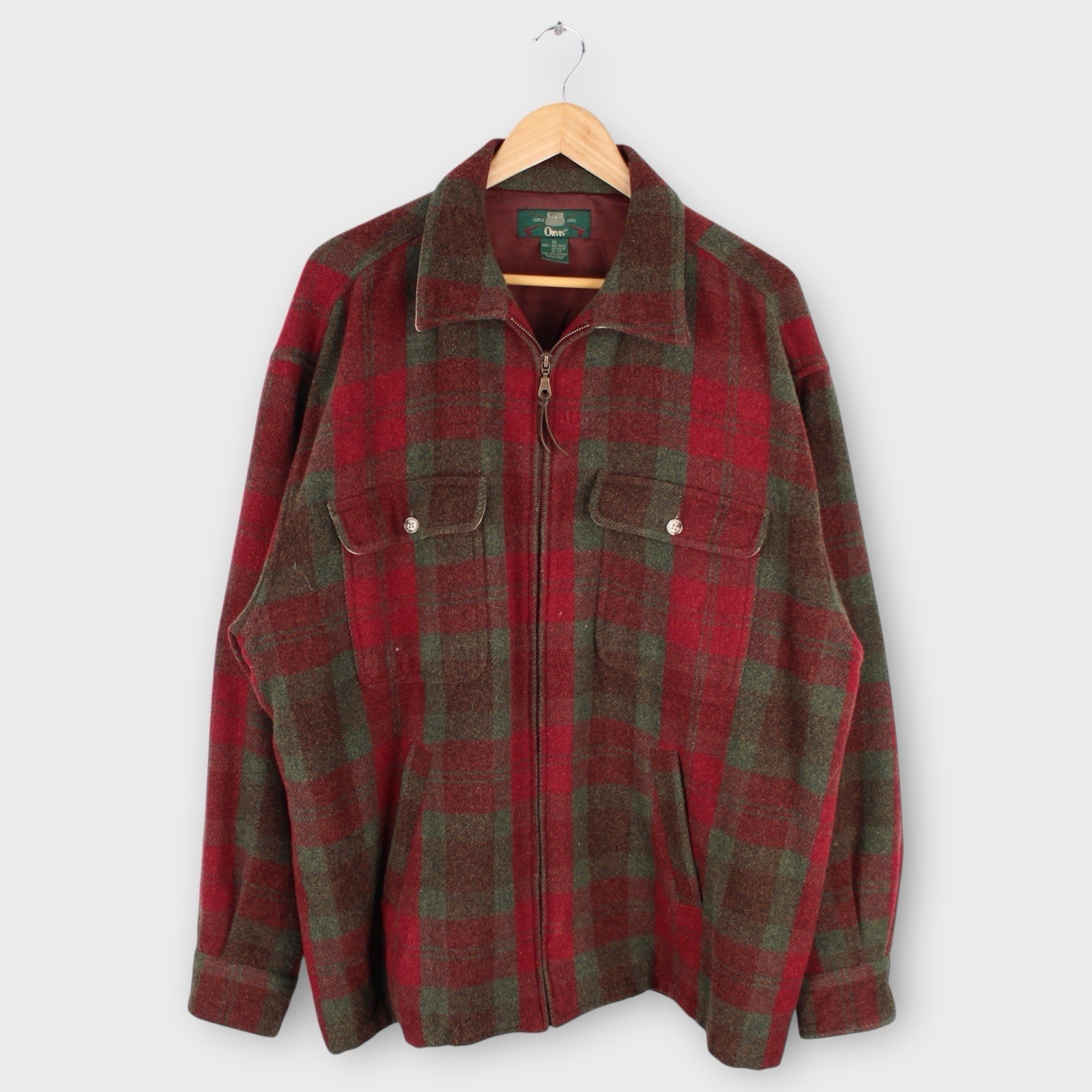 Vintage Orvis Mackinaw Wool Full Zip Jacket Plaid Red Green Lined Mens XL