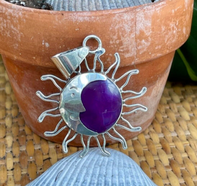   NOLA Mardi Gras Sun Moon Purple Pendant Solar Eclipse Charm Sterling Mexico