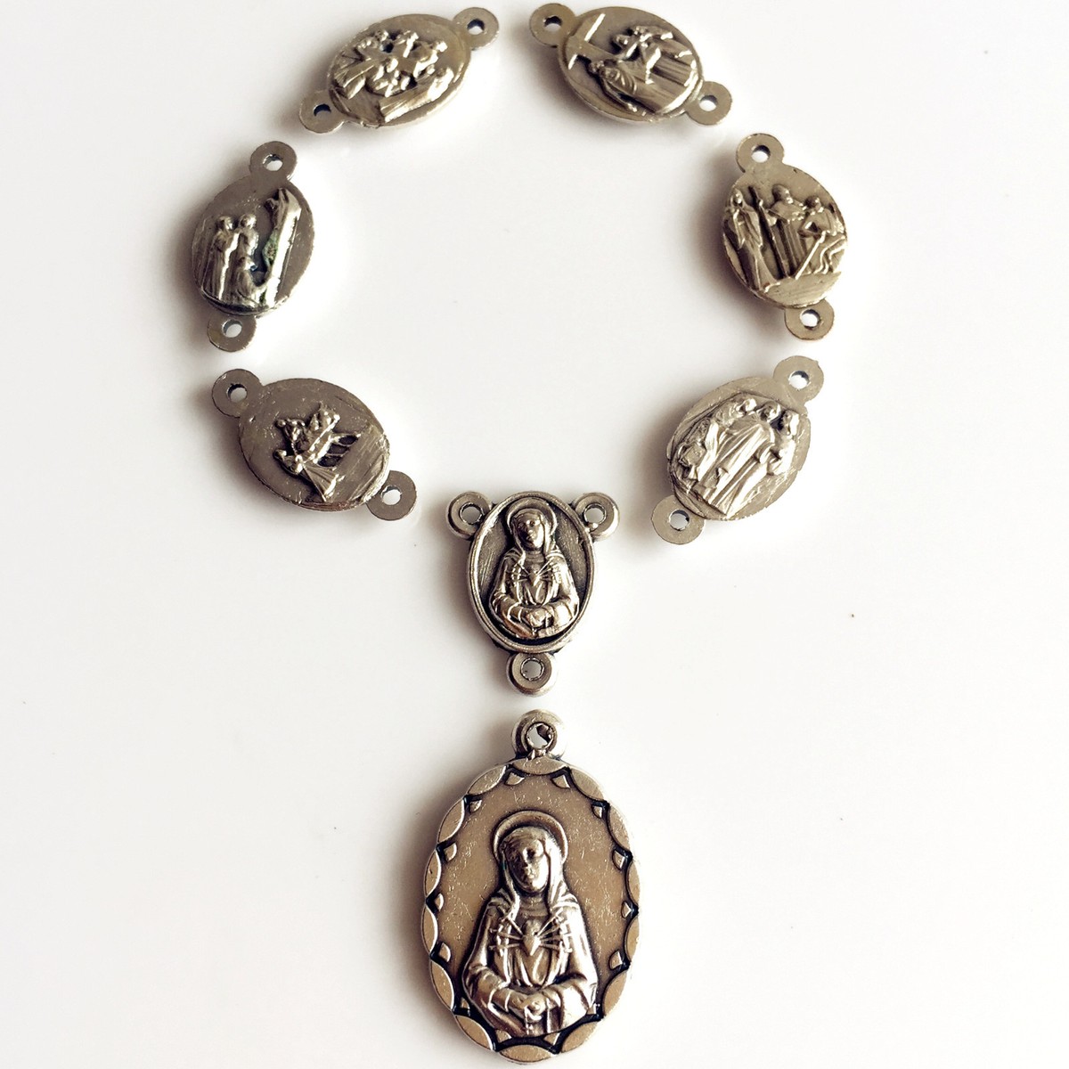 Silver Seven Sorrows Of Mary medal with Rosary Part make Rosary necklace  Italy