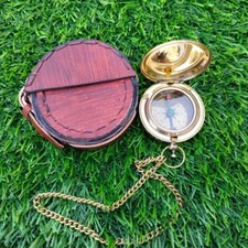 Nautical Brass Push Button Compass with Leather Box - Perfect for Camping