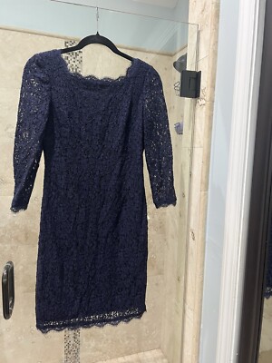 CACHE Womens Sheath Knee Length Dress Size 2 Navy Blue Floral Lace Crew Neck New