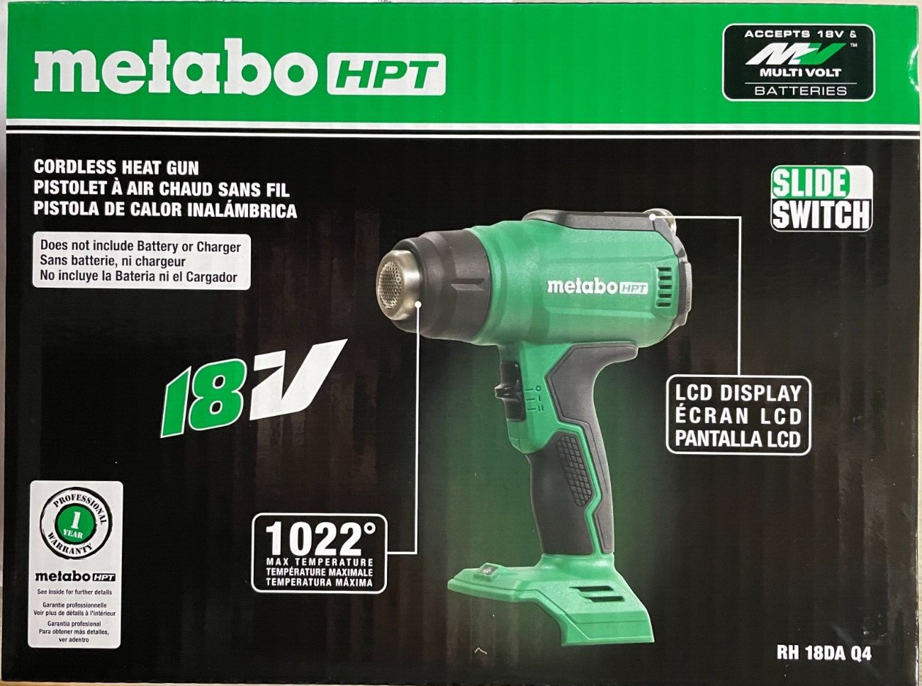 Metabo HPT 18V MultiVolt Cordless Heat Gun (Tool Only) - 86┬░F To 1022┬░F, LCD Display, Includes 3 Nozzles