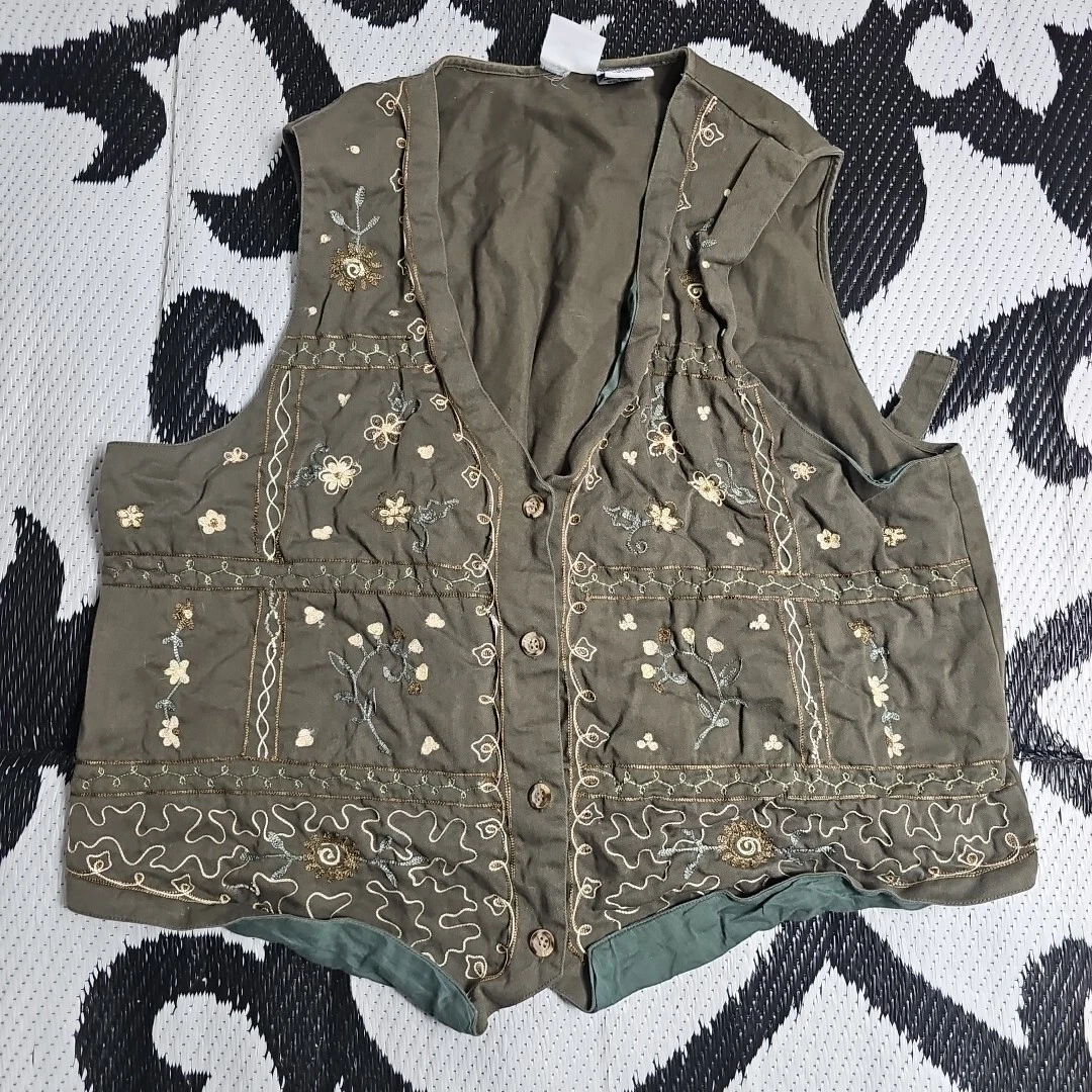 Gilet Brodé Bobbie Brooks Vert Floral - Style Cottagecore Boho Prairie - Taille M