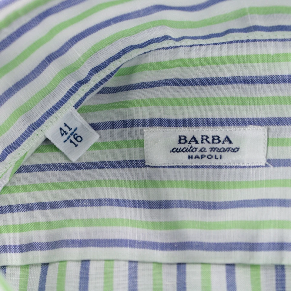 Barba NWT Dress Shirt Size 16 41 Green & Blue w/ White Striped Cotton Blend - Image 2 of 4