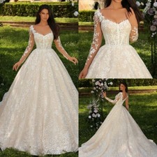Luxury A-line Wedding Dresses Sweetheart Long Sleeved Lace Applique Bridal Gown