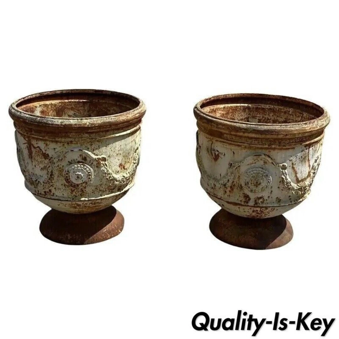 Cast Iron French Classical 19.5u0026#034; Round Pot Belly Outdoor Garden Planter  - a Pair | eBay