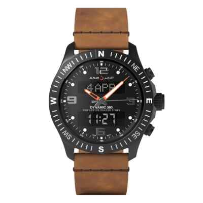 Alfajr WH-24 Dynamic 360 Leather Azan Wrist Watch - Black Dial & Leather Strap