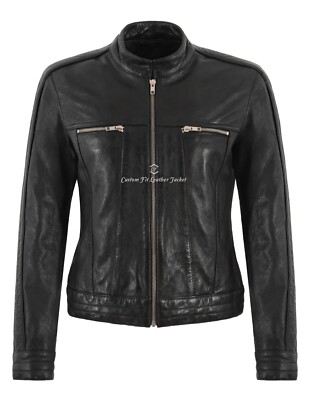 Damen Lederjacke Schwarz Slim Fit Freizeit Biker Motorrad Retro Style Jacke