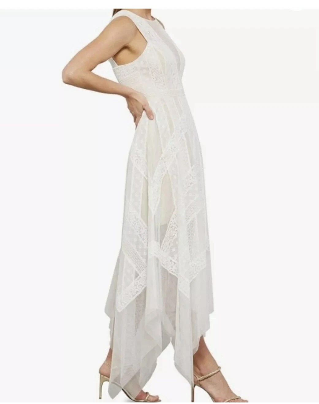 OFF WHITE Maxi abito BCBG MaxAzria Andi bianco sporco pizzo trasparente sera tulle nuovo con etichette taglia 6 398$