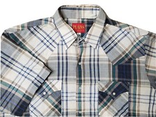 Plains Western Wear Mens Large Ivory Plaid Casual Pearl Snap Shirt Short Sleeve