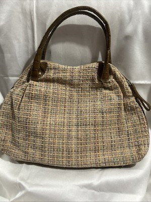 Vtg Donna Dixon Woven Tweed Brown Alligator Handles Top Zip Fabric Purse Handbag