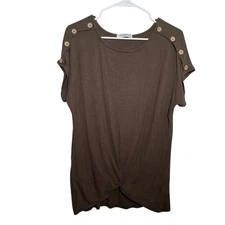 Stitchwurks Blouse Women's M/L Ribbed Short Sleeve Button Twist Solid Shirt