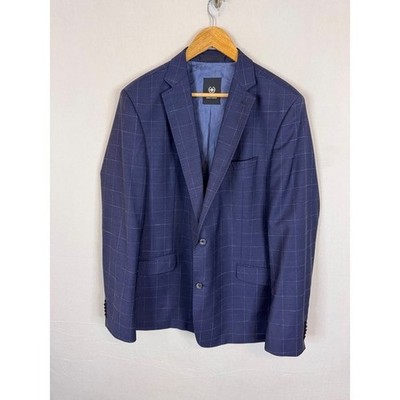 Strellson Aron Slim Fit Navy Blue Windowpane Virgin Wool Blazer Jacket Men 44