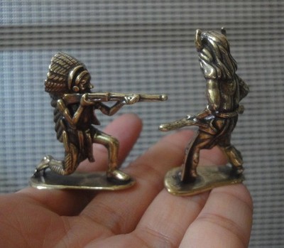 1 Pair of Solid Brass Mayan Indian Soldiers Figurines Statues Knick Knacks