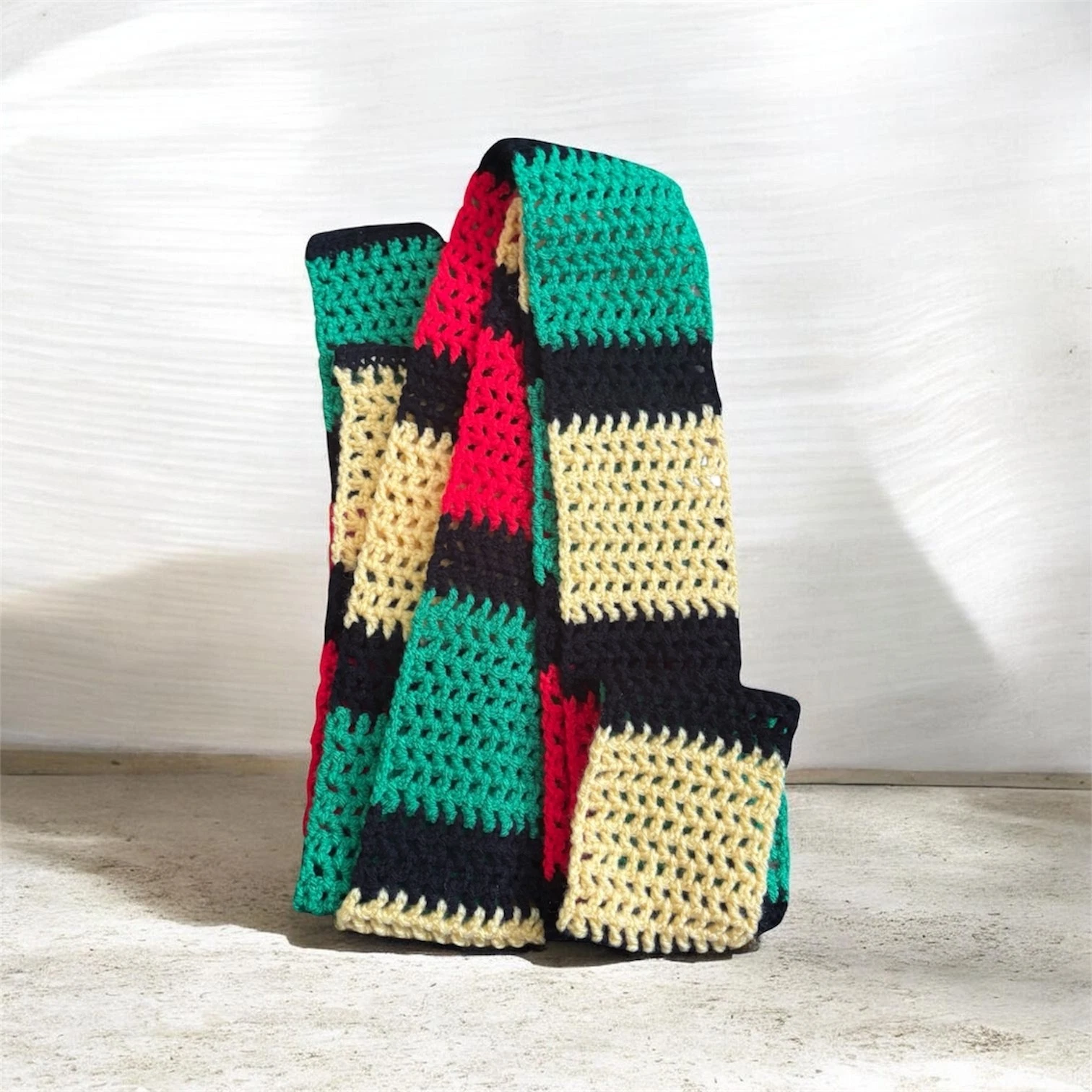 Vintage 90s Striped Scarf Rasta Crochet Retro Reggae Streetwear Boho Collegiate