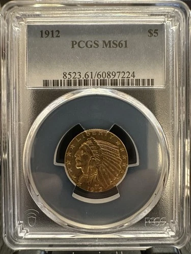 1912 $5 Gold Half Eagle PCGS MS61 Uncirculated Business Strike Pre-1933 US Coin