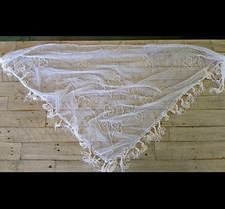 White Floral Embroidered Lace Mesh Shawl/Wrap Beaded Fringe Tassels