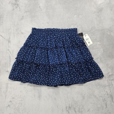 NEW BCX Skirt Womens M Blue Polka Dot Pull On Tiered Ruffle Chiffon Skater Mini