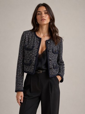 Self Portrait Boucle Jacket Blazer Cropped Navy Blue Classic Office Boss US 2