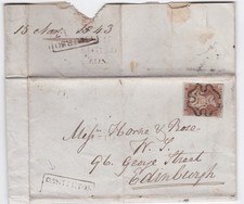 1843 QV FINE FOUR MARGIN 1d PENNY RED STAMP THURSO MX MALTESE CROSS ON LETTER