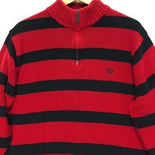 CHAPS Mens XL Red Black Striped Quarter Zip Mock Neck Sweater Cotton