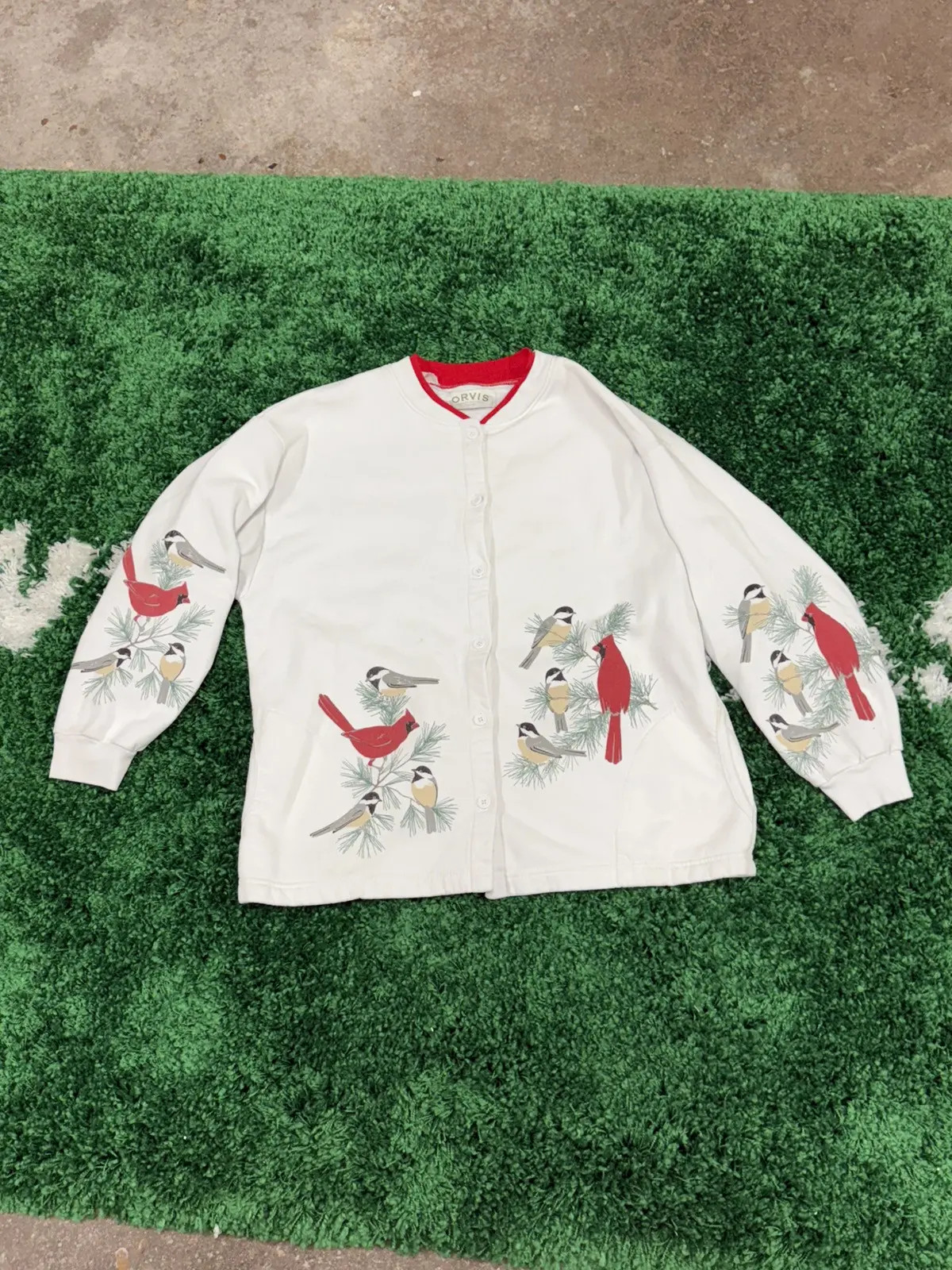 Vintage Birds Cardigan White Large 90s Retro Orvis Grandma