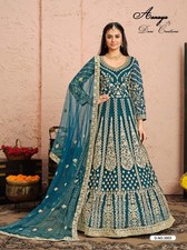 Blue Net Zari  Sequence Embroidered Anarkali Gown with Heavy Dupatta  Luxury F